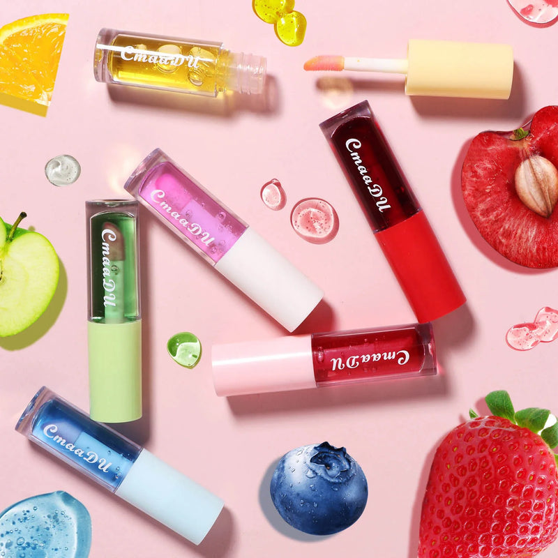 Conjunto de 6 gloss labiais que mudam de cor, hidratante com aroma frutado.